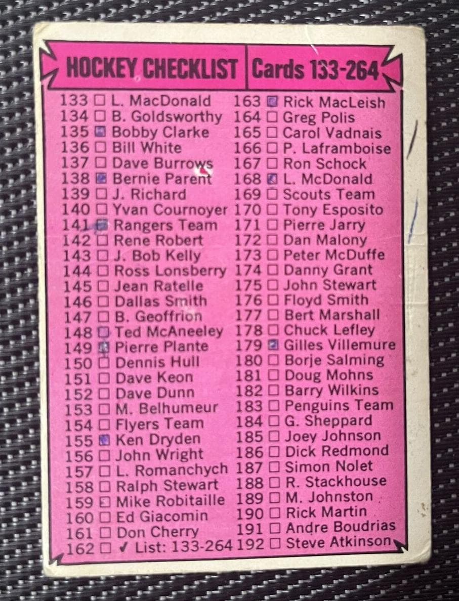 Checklist: 133-264 1974 topps O-Pee-Chee