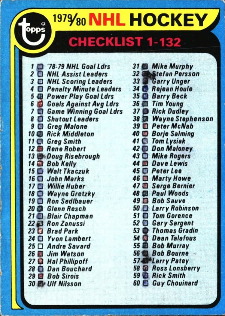 NHL Checklist 1-132 -80 HOCKEY 1979 Topps 1979 Topps