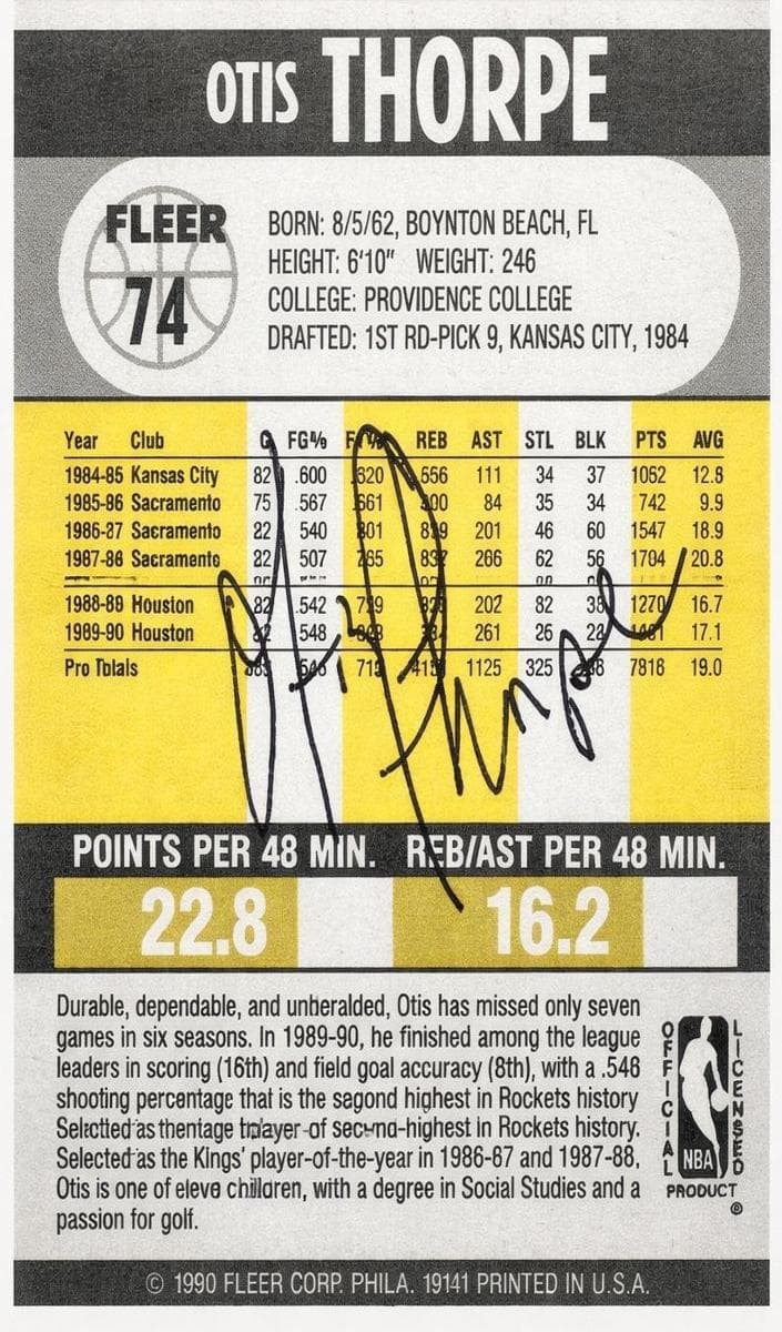 Otis Thorpe trading card