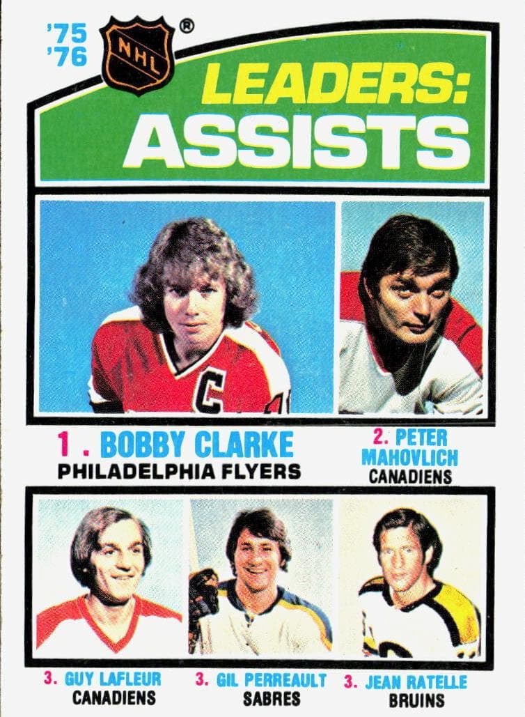 '75'-76 Leaders: Assists (Bobby Clarke / Peter Mahovlich / Guy Lafleur / Gil Perreault / Jean Ratelle) #2