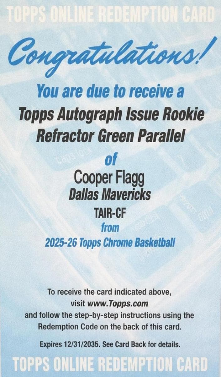 Cooper Flagg 2025 topps Topps Chrome