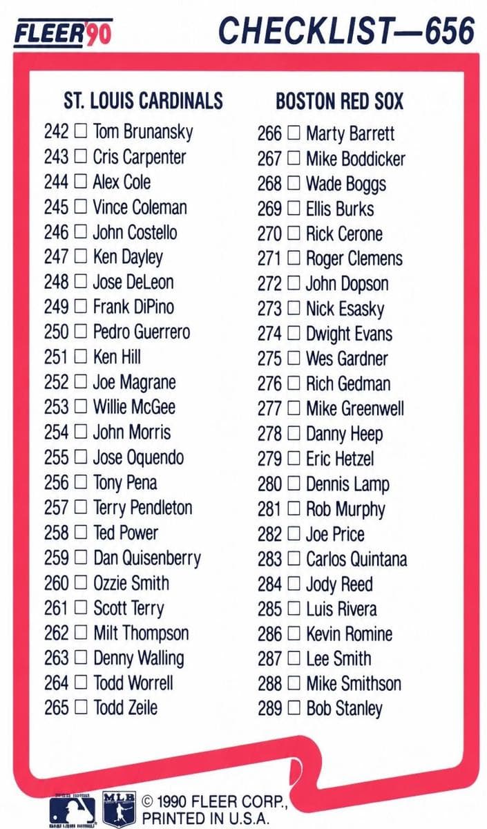 Checklist: Mets / Astros / Cardinals / Red Sox 1990 fleer