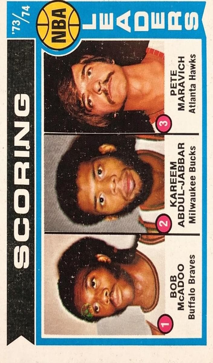 NBA '73-74 Scoring Leaders (Bob McAdoo / Kareem Abdul-Jabbar / Pete Maravich) 1974 topps Topps