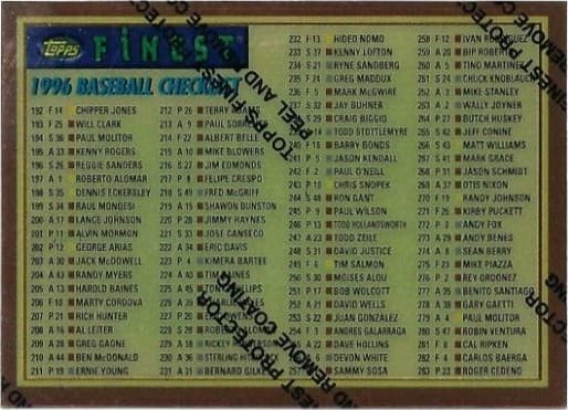 Checklist Baseball 1996 Topps Finest
