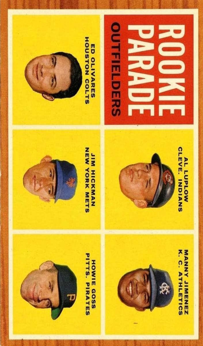 Rookie Parade Outfielders (Al Luplow / Manny Jimenez / Ed Olivares / Jim Hickman / Howie Goss) 1962 topps