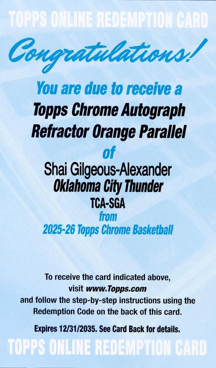 Shai Gilgeous-Alexander 2025 topps Topps Chrome
