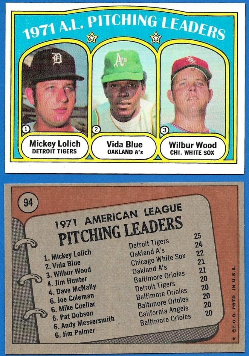 1971 A.L. Pitching Leaders (Mickey Lolich / Vida Blue / Wilbur Wood) #94
