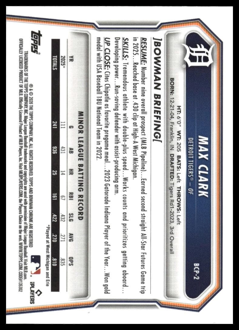 Max Clark 2026 bowman Bowman Mega Box Chrome Prospects Image Variation