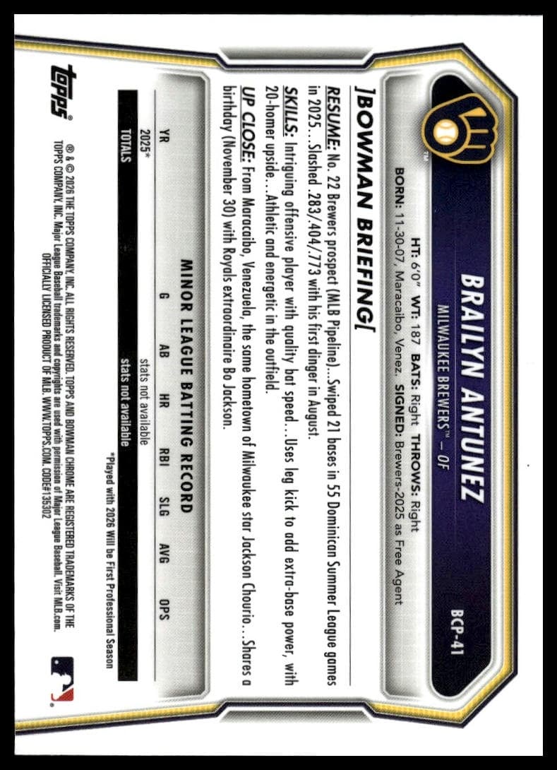Brailyn Antunez trading card