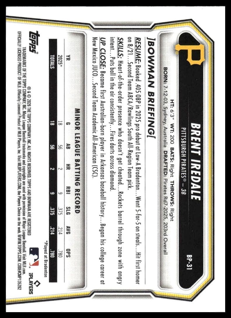 Brent Iredale trading card