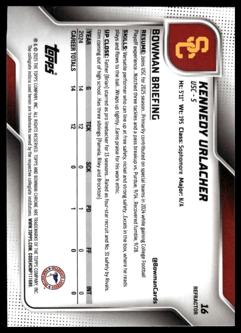 Kennedy Urlacher 2025 bowman Bowman University Chrome Sapphire