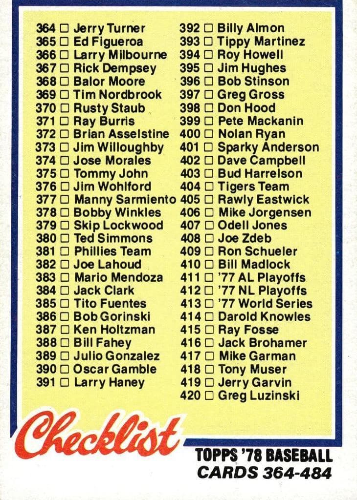 Checklist: 364-484 1978 topps Topps