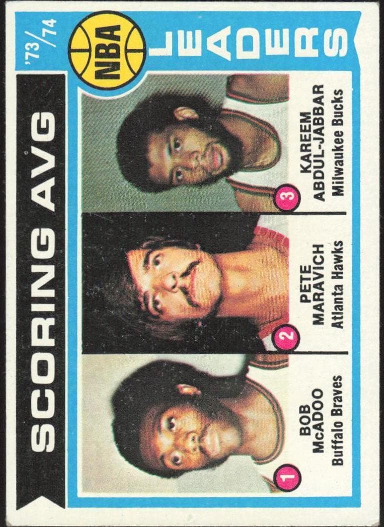 NBA '73-74 Scoring Average Leaders (Bob McAdoo / Pete Maravich / Kareem Abdul-Jabbar) 1974 topps Topps