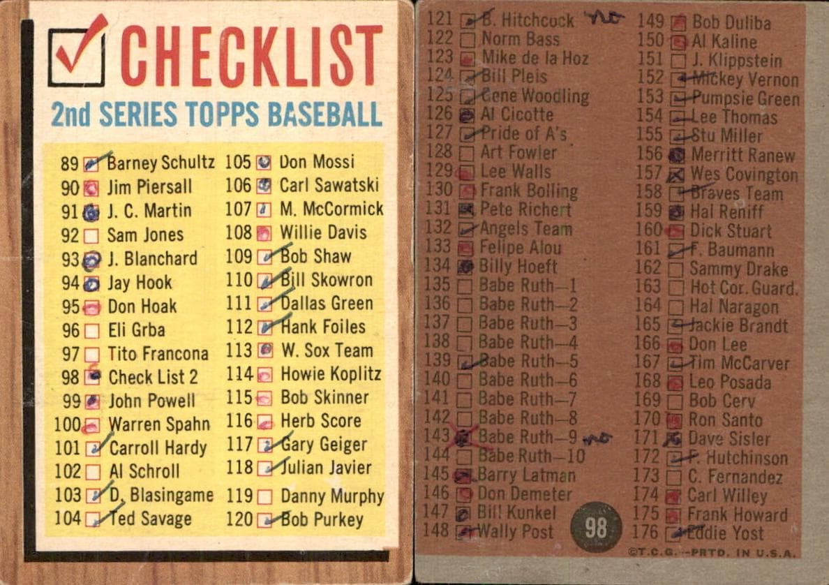 2nd Series Checklist: 89-176 1962 topps Topps