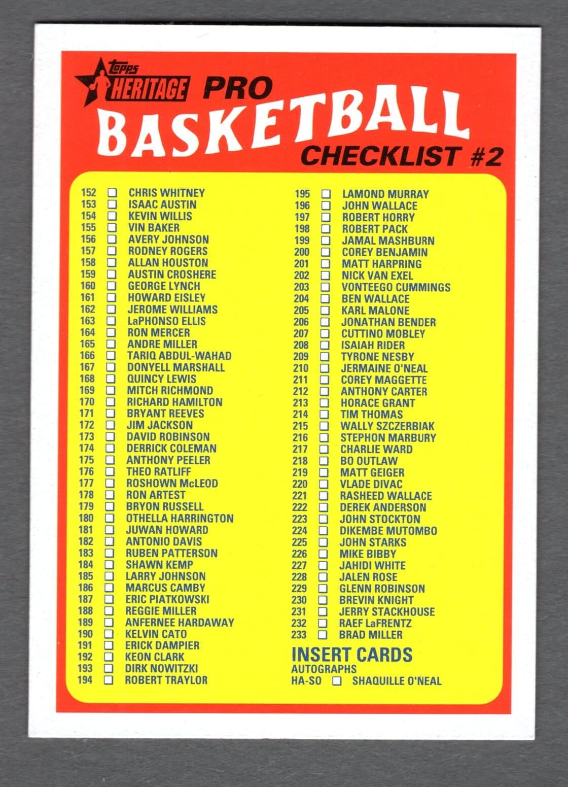 BASKETBALL CHECKLIST **NM-MT** 2001 Topps Heritage 2001 Topps Heritage