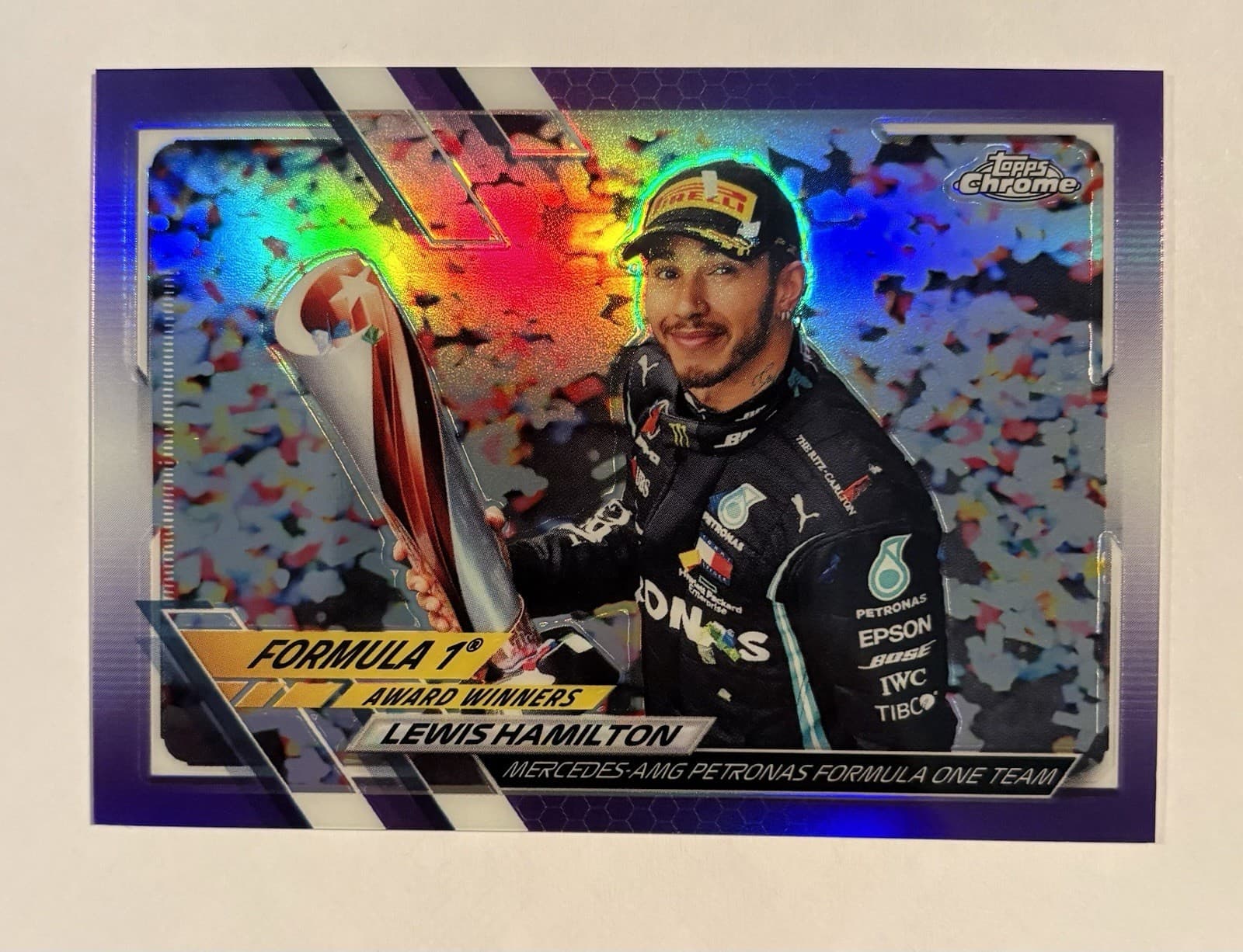 Lewis Hamilton Purple 2021 Topps Chrome 2021 Topps Chrome green-purple-refractor example 2
