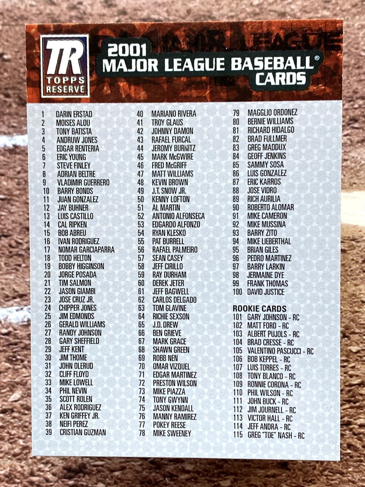 Reserve Baseball Checklist 2001 Topps