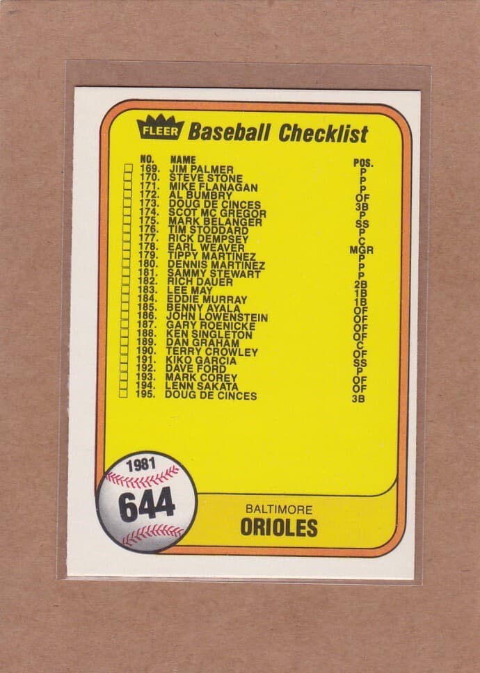 BASEBALL ORIOLES REDS CHECKLIS 1981 Fleer