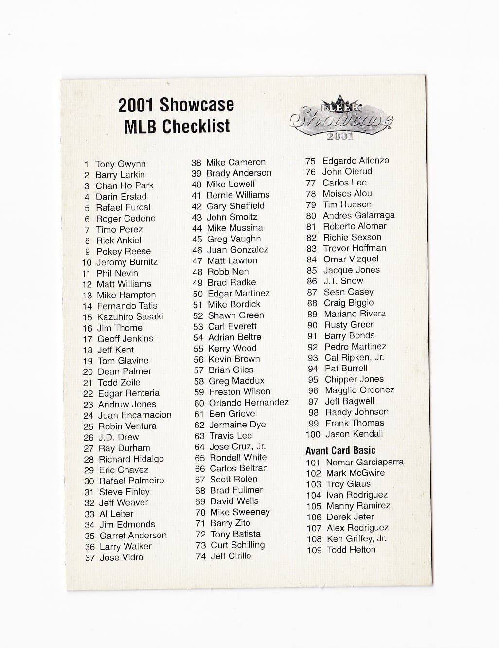 Showcase MLB Checklist 2001 Fleer 2001 Fleer