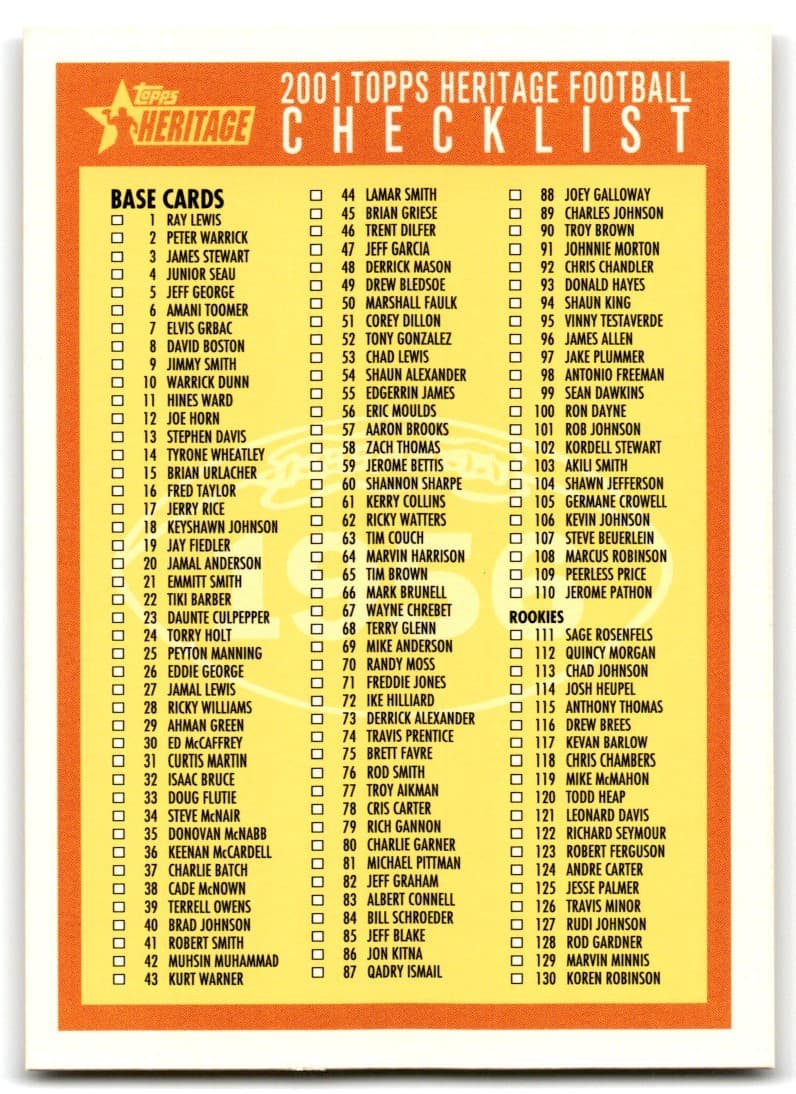 Checklist Football 2001 Topps Heritage