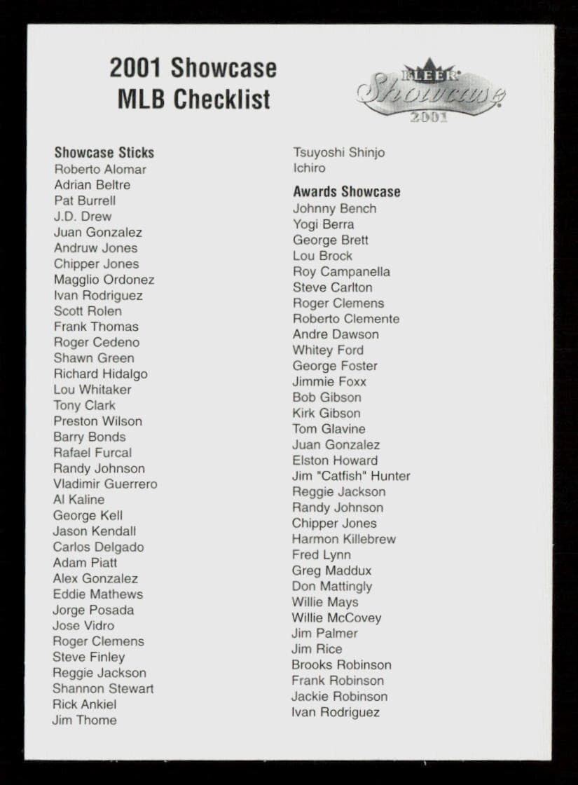 Checklist Showcase Baseball 2001 Fleer
