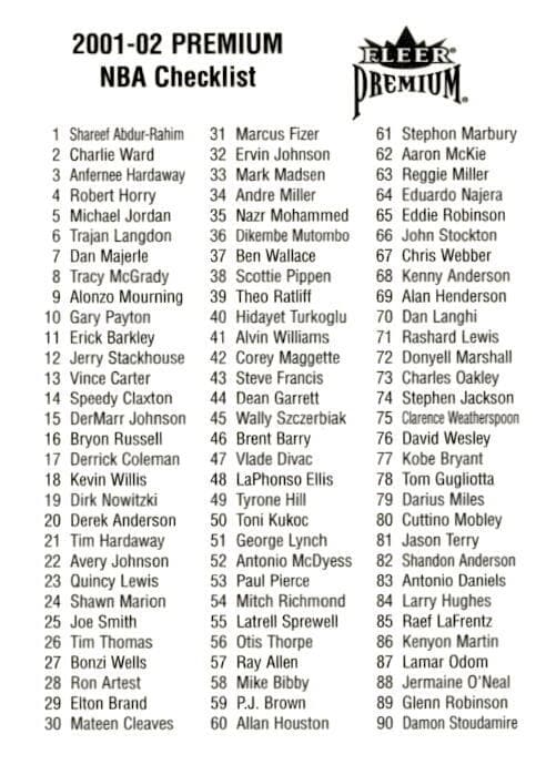 Premium Checklist 2001 Fleer