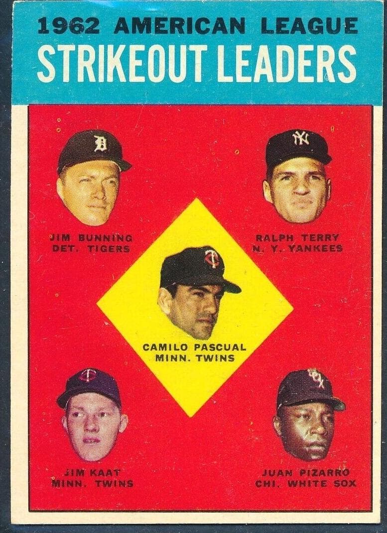 1962 American League Strikeout Leaders (Camilo Pascual / Jim Bunning / Ralph Terry / Jim Kaat / Juan Pizarro) 1963 topps Topps