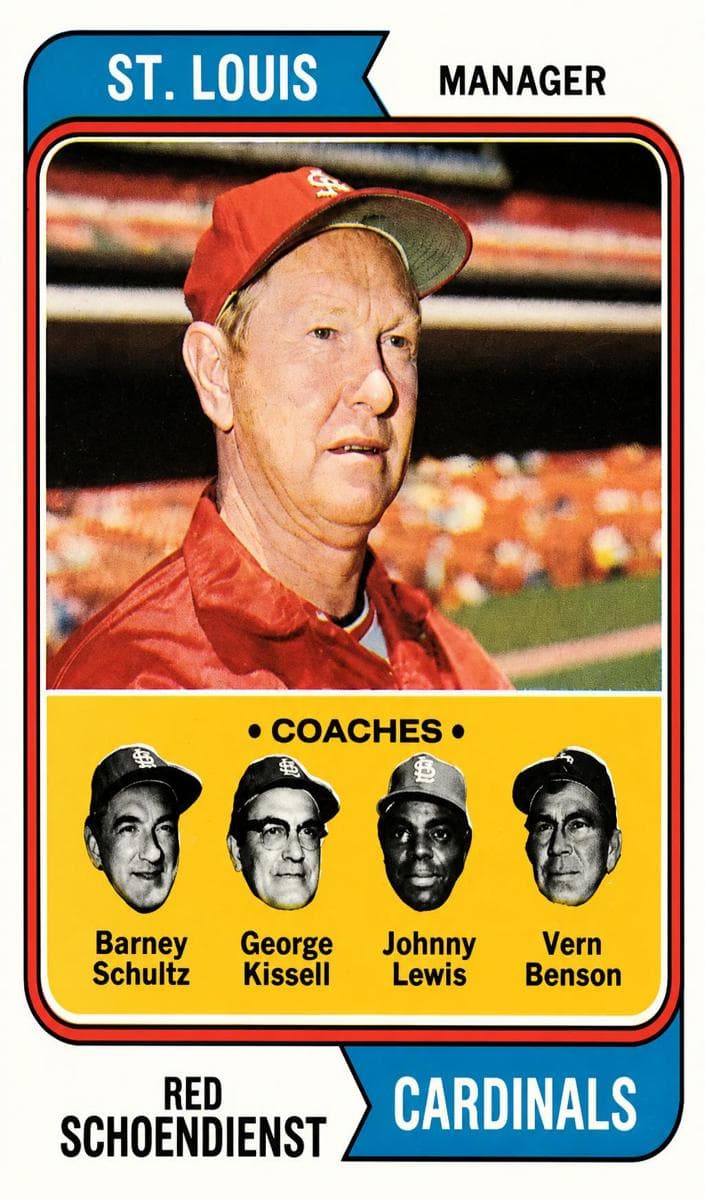Cardinals Field Leaders (Red Schoendienst / Barney Schultz / George Kissell / Johnny Lewis / Vern Benson) 1974 topps Topps