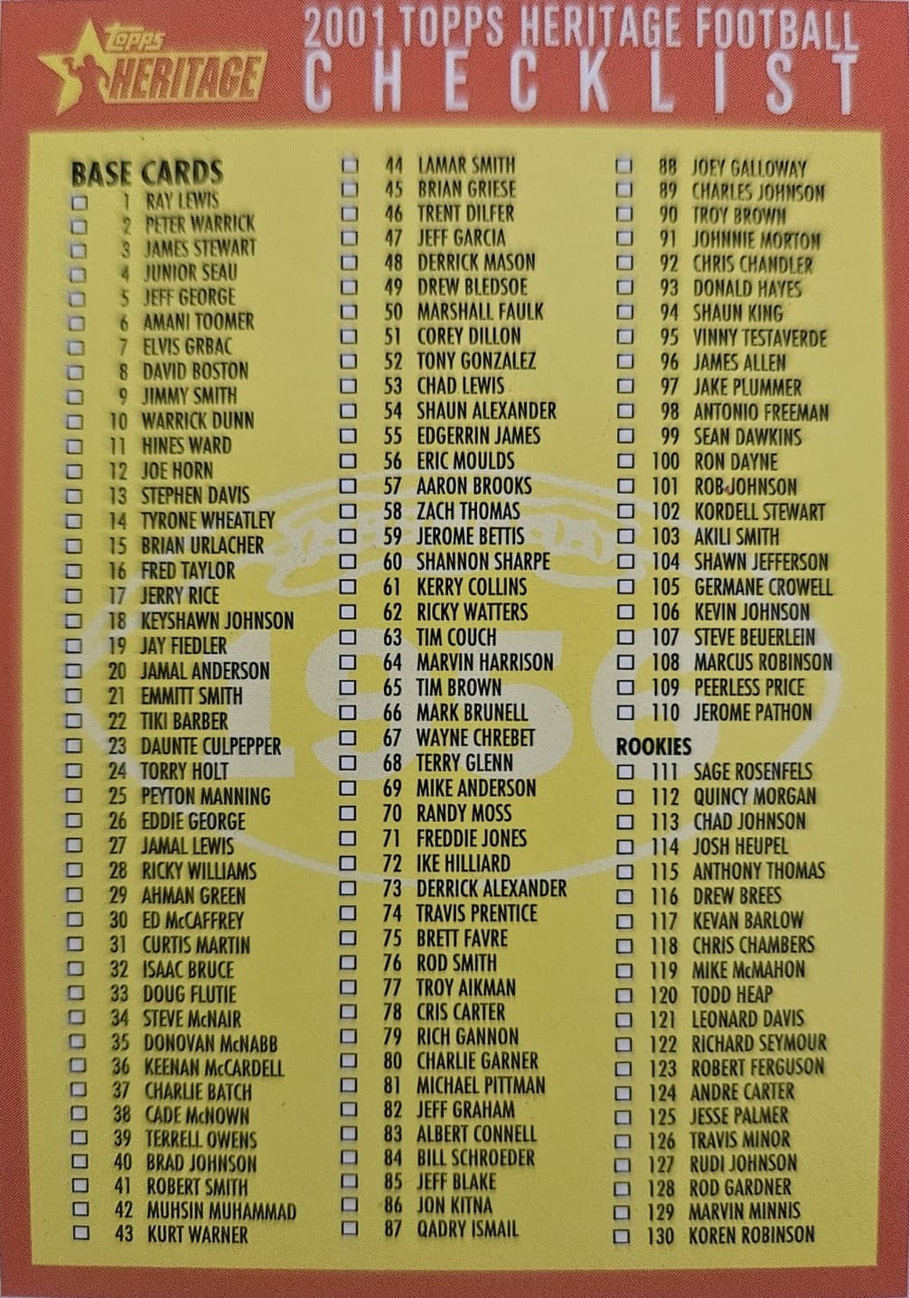 Football Checklist 2001 Topps Heritage
