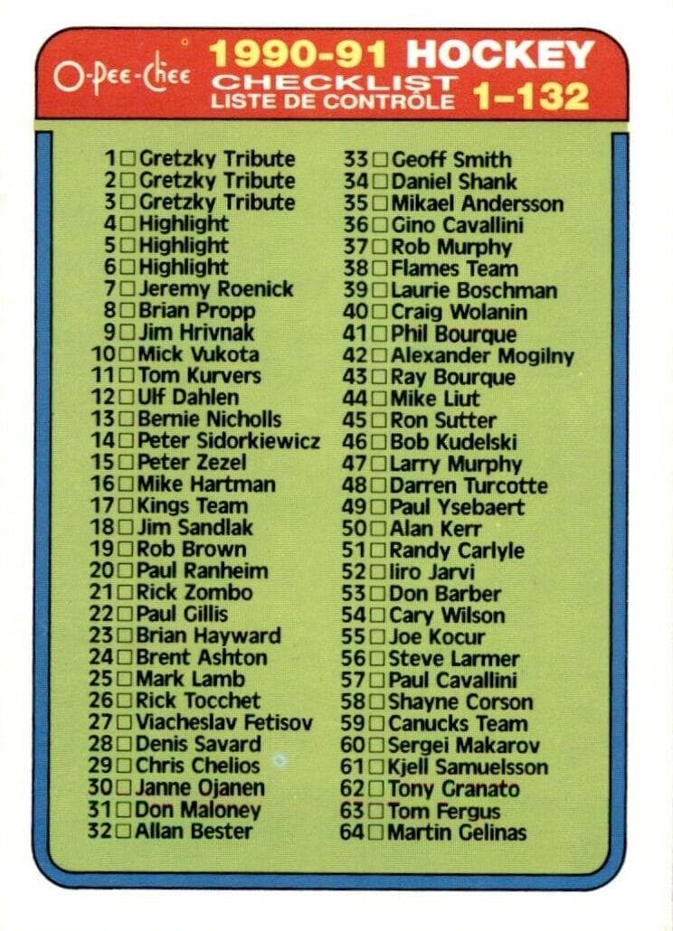 Checklist 1990 topps O-Pee-Chee Premier