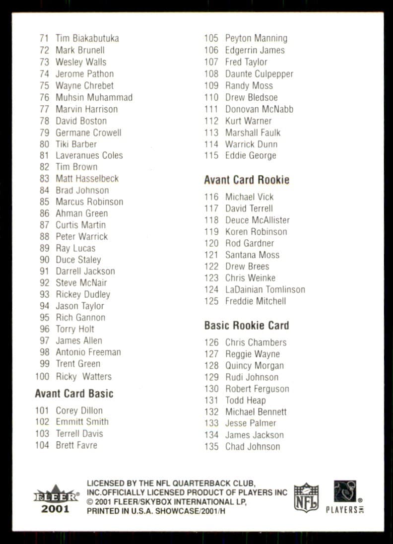 Showcase NFL Checklist 2001 Fleer 2001 Fleer