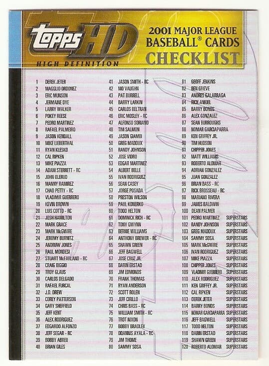 HD HIGH DEFINITION CHECKLIST M 2001 Topps