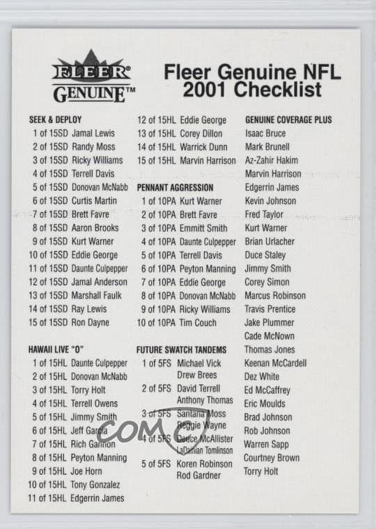 Genuine Checklist 2001 Fleer 2001 Fleer