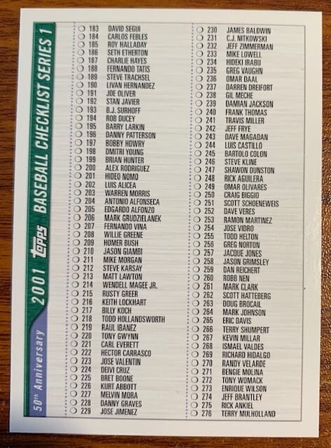 Blue Checklist 2001 Topps 2001 Topps blue-green
