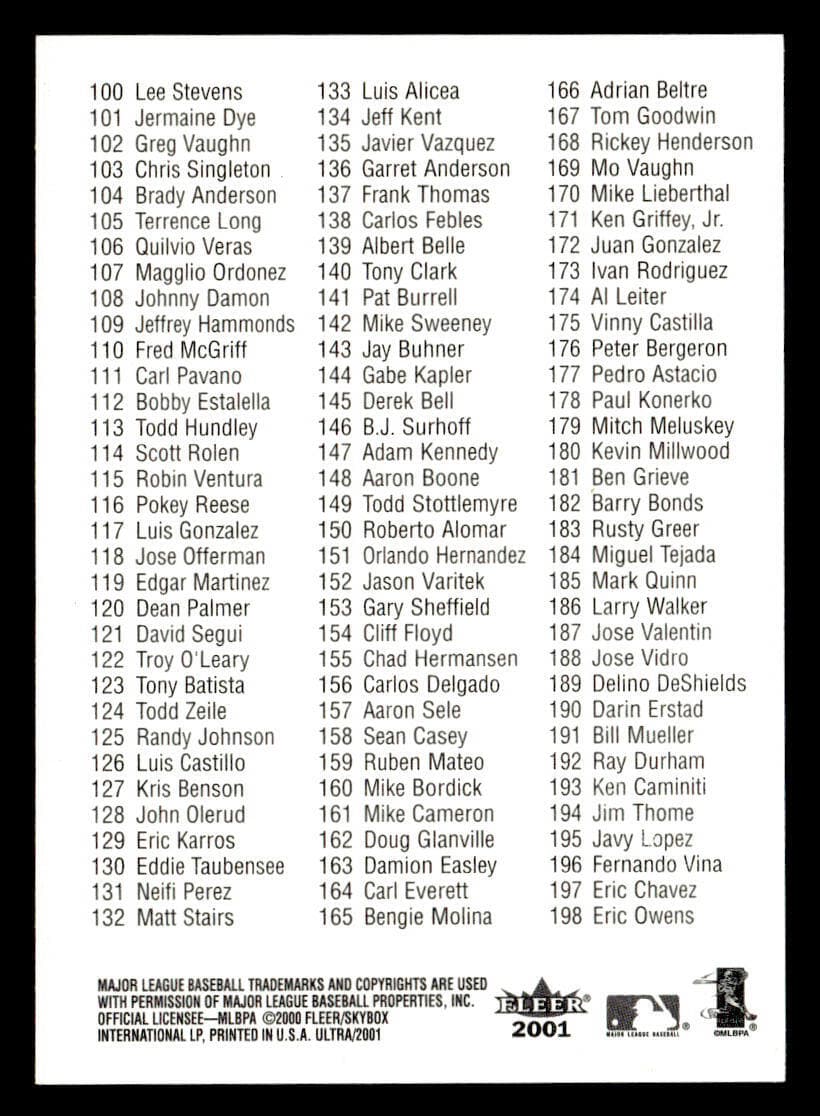 Ultra Checklist 2001 Unknown