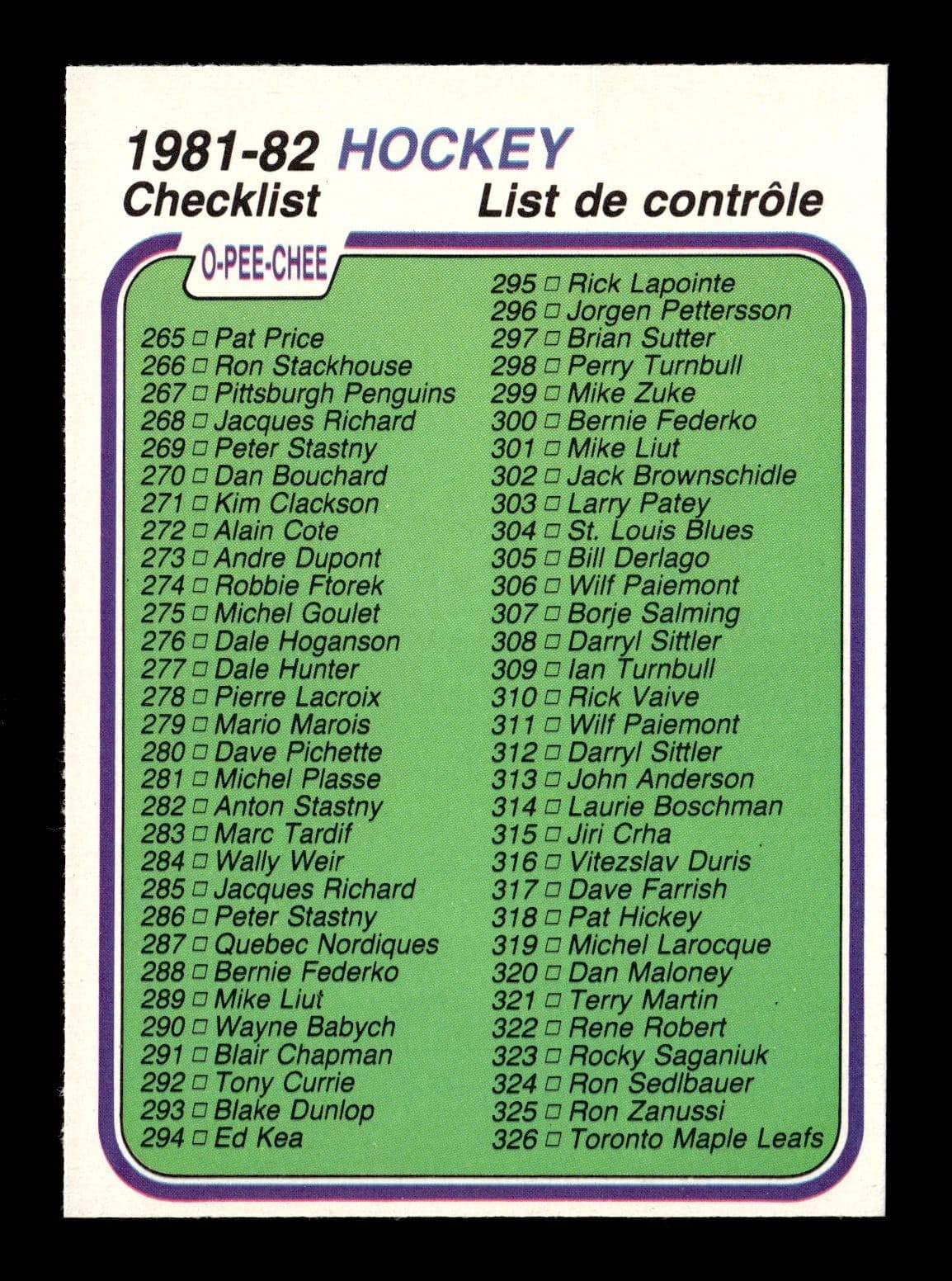 -82 Checklist 381 Unmarked AAF 1981 O-Pee-Chee 1981 O-Pee-Chee