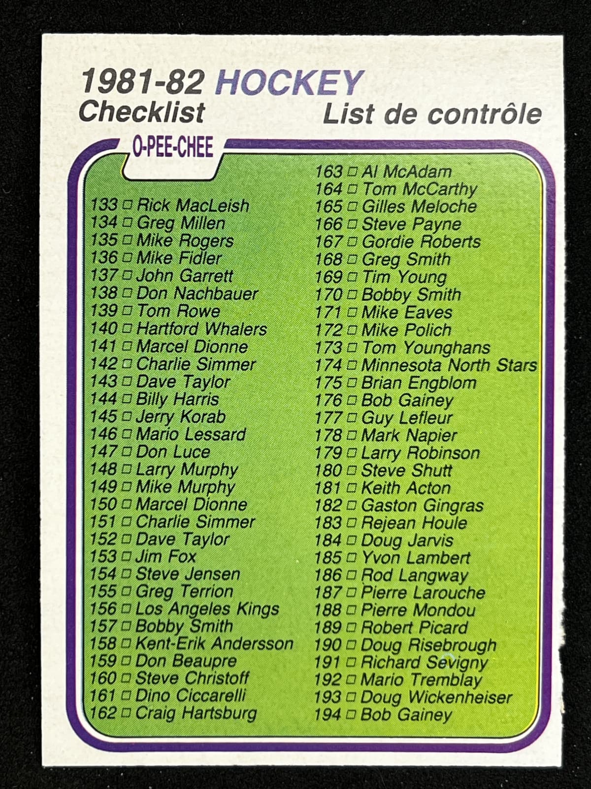 -82 Checklist: 265-396 1981 O-Pee-Chee 1981 O-Pee-Chee