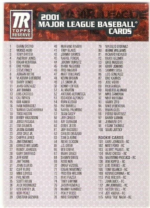 RESERVE BASEBALL MLB CHECKLIST 2001 Topps 2001 Topps