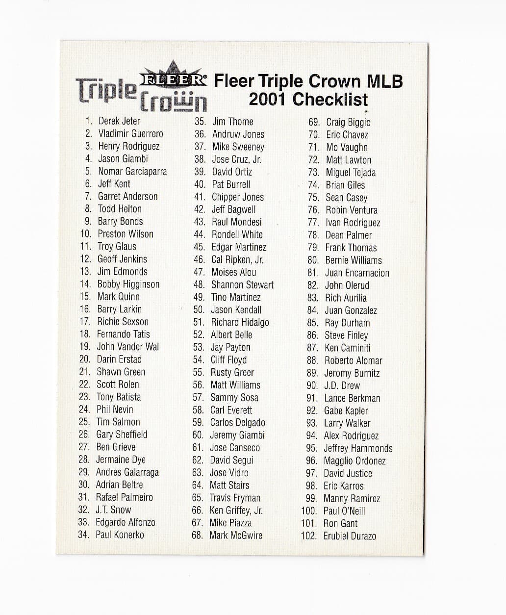 Triple Crown Checklist 2001 Fleer 2001 Fleer